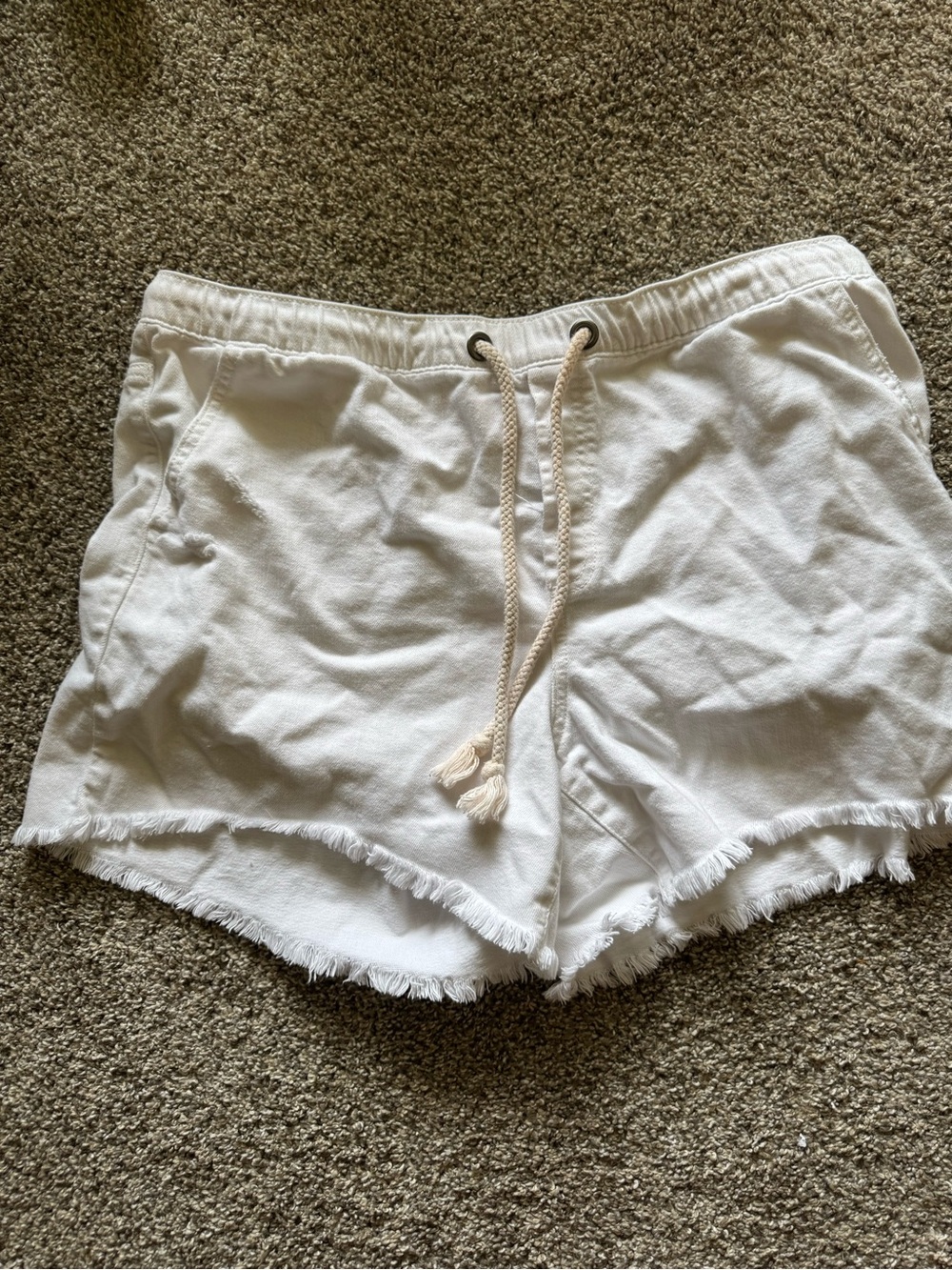 aerie White High-Waist Frayed Hem Drawstring Shorts